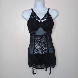 Dreamgirl Longline Corset Lingerie Womens Size S Black Underwired Garter Slip